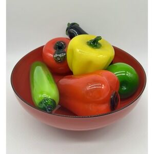 Vintage Hand-Blown Glass Bowl W/ 6 Fruit & Vegetable Set Murano Style Decorative